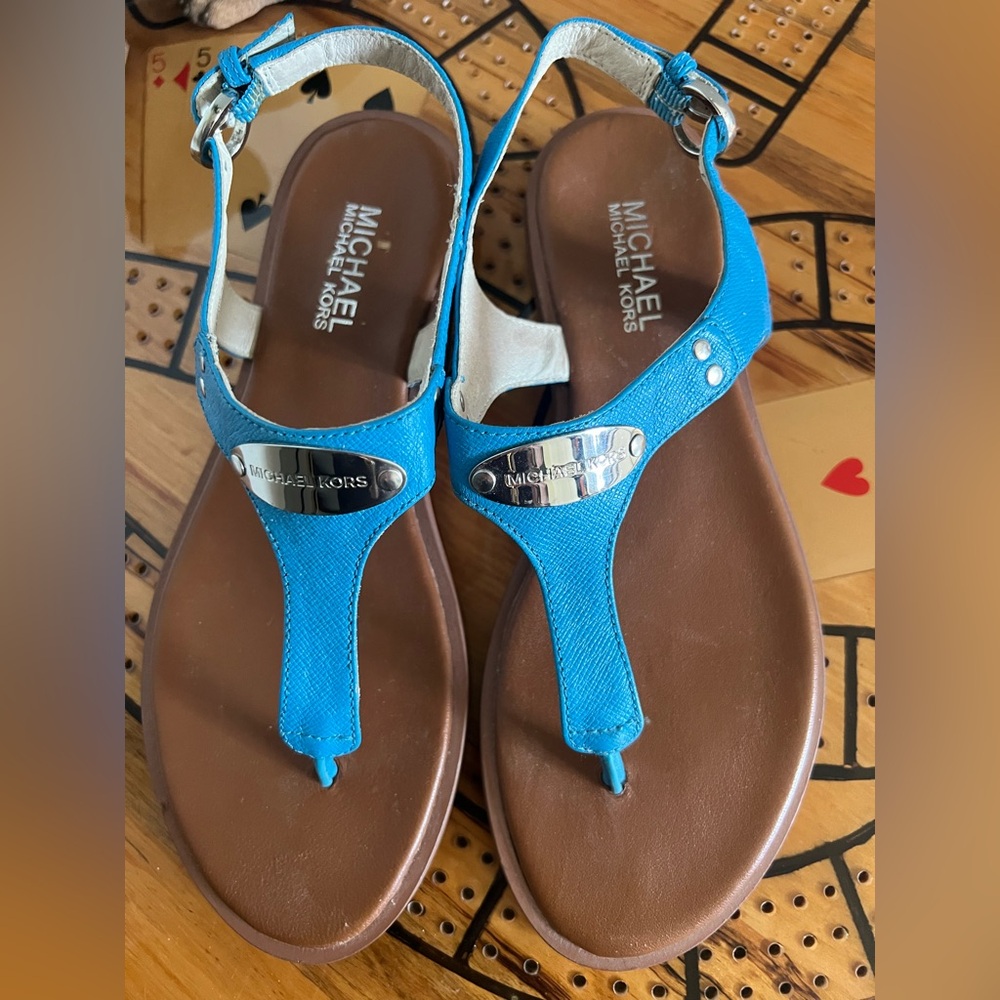 Michael Kors Blue Leather Plaque Sandals for Women. Size 7.  EUC